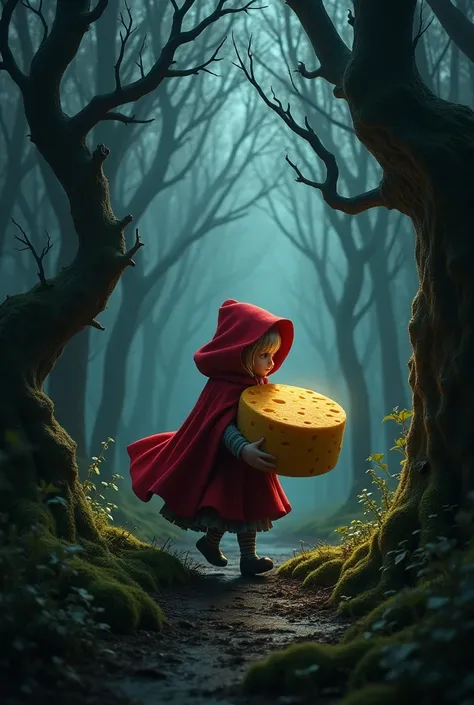 Florest dark, with Little Red Riding Hood carrying a large cheese in her arms 

