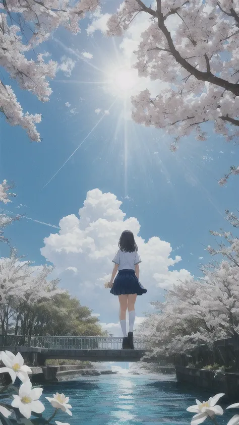 Summer blue sky,Octane, star (null), scenery, White flower,school uniform.,star, and, Rear View, Outdoor, city,river,cloud, 天のriver,silhouette,大きな入道cloud, Under the Silver Osmanthus Tree, White flowerがたくさん舞っている,Flower storm,Big tree