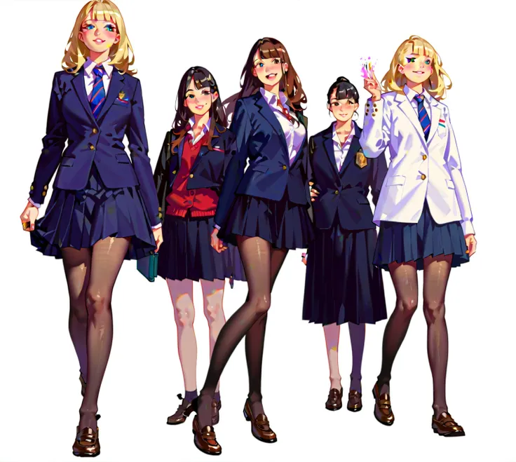 there are four women in School uniforms posing for a picture, uniform JK, Seifuku, female sailor uniforms, School uniform, japanese School uniform, office clothes, magic school student uniform, wearing jacket and skirt, sailor uniform with loose collar, ja...