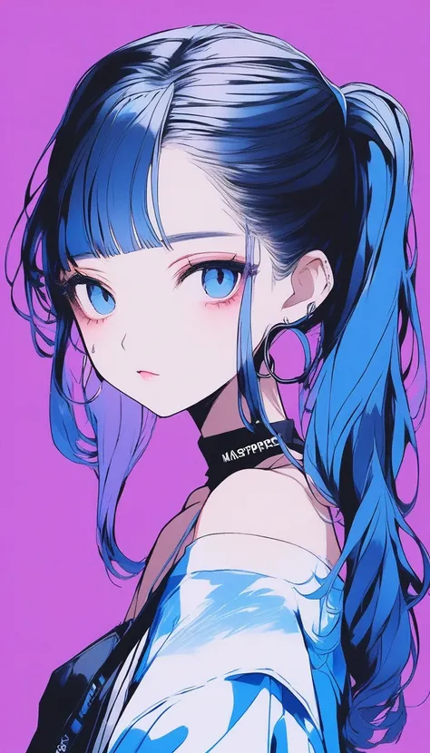 ((masterpiece,Highest quality)), 8k, anime , Realistic ,sketch, anime風のポートレート, 黒猫を連れたanimeの女性, 20-year-old, Blue gradient background, Off-the-shoulder knit, Neon ponytail hair, lip, Big eyes, Wear headphones, Texture Trim, Canadian, Upper Body, (masterpiec...