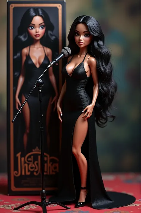 Funko 3D doll of a woman named "(Jhessii Moura)" featuring (hair long black, Caucasian skin , black gown,dark style), (segurando ou interagindo featuring um microfone ). O boneco Funko deve estar em pé ao lado da sua caixa featuring o logo e o nome "(Jhess...