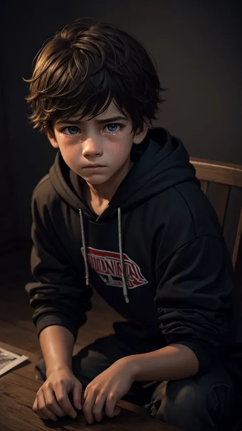 a heart broken boy, 1boy, sad expression, tears in eyes, messy hair, wearing a hoodie, sitting alone, dark moody lighting, somber colors, cinematic lighting, dramatic shadows, emotional portrait, digital painting, highly detailed, hyperrealistic, intricate...