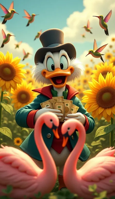 Uncle Scrooge smiling with several banknotes and gold coins forming a dollar sign with the money. Several hummingbirds flying around you in a place full of bright yellow sunflowers. In floor, two pink swans forming a heart very close together.