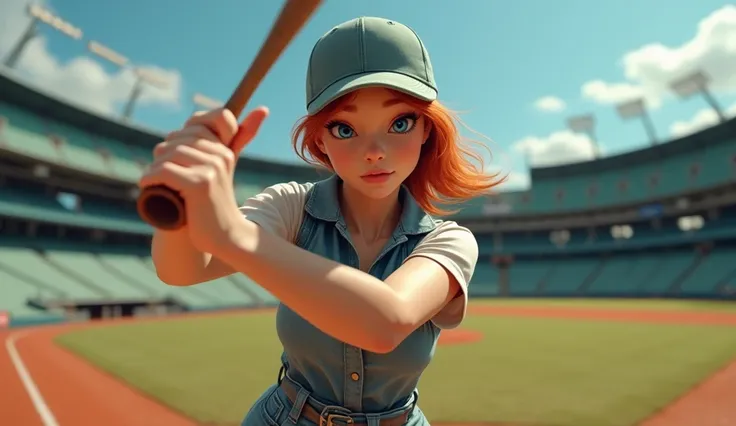 Bat Swinging Pose, young women, denim skirt, turned cap, centerfield, hard sun, empty stadium, clear sky, hitting the ball, epic realistic, very detailed face, redhead, big blue eyes, facing the camera.