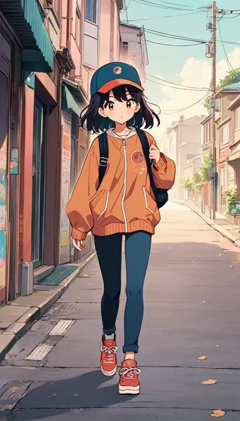 anime girl with a backpack and a baseball cap walking down a street, anime aesthetic, style anime, anime visual of a cute girl, anime vibes, clean detailed anime style, anime asthetic, anime style, high quality anime artstyle, young anime girl, anime style...