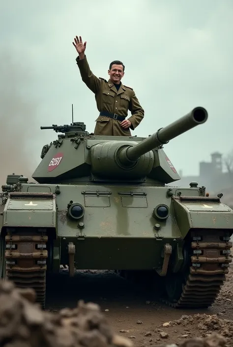 Man waving from the hatch of a T54