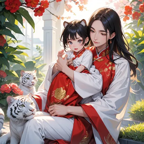 a handsome young man with good face and gentle face, wearing a white ancient Chinese costume, riding a white tiger, hugging his adorable Chibi baby girl 1 year old, who is 1 year old, with black hair in a red Chinese new year costume, int he morning, there...