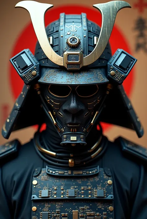 A Japanese samurai mask features components simulating electronic applications，Use on masksＩＣElectronic chip components andＣＰＵdecorate，The Japanese family crest is printed on it，Overall presentation of Japanese samurai mask５０Degree Angle