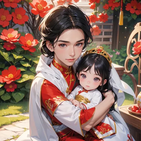 a handsome young man with good face and gentle face, wearing a white ancient Chinese costume, sitting on chair, hugging his adorable Chibi baby girl 1 year old, who is 1 year old with black hair in a red Chinese new year costume, int he morning, there is s...