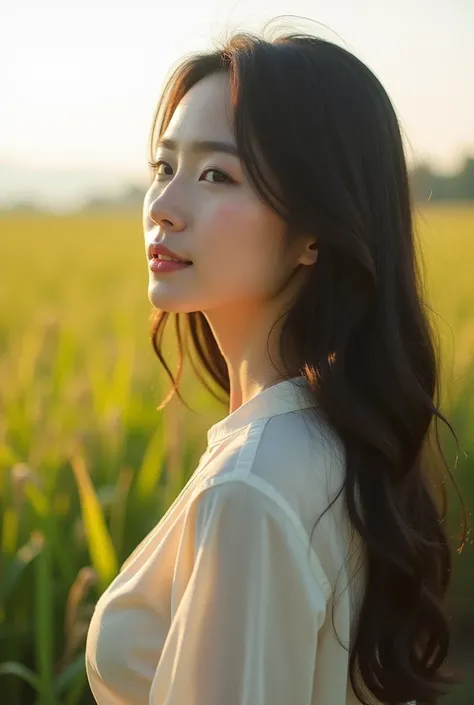 close-up of beautiful Korean woman, ) white skin) long black hair) walking in the tomato plantation in the morning), rice field background, UHD