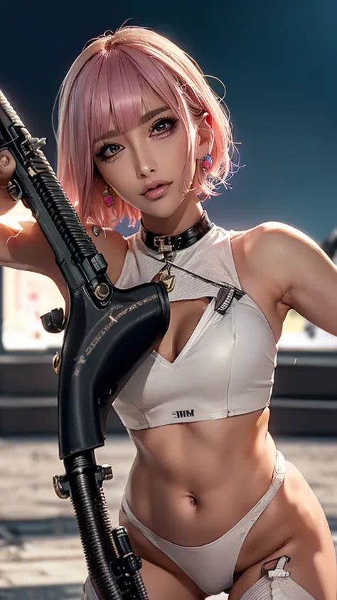 (Highest quality), Realistic, (live-action),(Short Hair,Sharp bangs)Showing off your crotch,Highest quality,Highest quality,8k images,Pink Hair,High heels,Small face,((Big Breasts))Leg spread、1 gun,(((Point the tip of your gun towards the camera:1.6))),Hig...