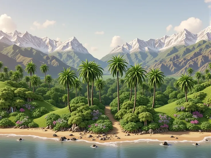 panoramic image, of a coastal landscape with lush Hawaiian rainforest,  between green hills with snowy mountains in the background.