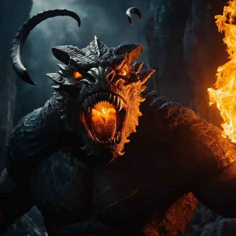 cinematic film still of  In a Fantasy Middle-earth world in the dark ages Balrog powerful demonic monstr  a painting of a demon with a fire in its mouth,standing alone,gaping mouth,1 young boy,antlers,teeths,sin humanos,Ablaze,fire,Spitz teeths,Ablaze eyes...