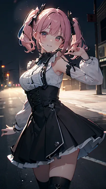 (masterpiece,Super Detail,In 8K,Best Original Score,Moody lighting,Photorealistic,Dynamic Shot:1.5),hatsune miku,Dangerous Vampire,Adult sexy body,Light blue twin tails,smile,Double teeth,A small pink heart on her cheek,Pink and black gothic dress fashion,...