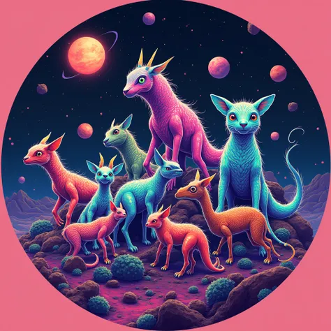 round-cropped, Outer space, neon colors, planets and asteroids, strange colorful animals.