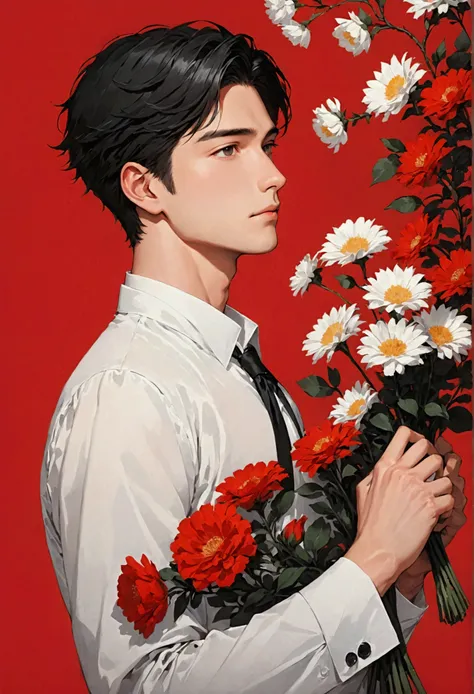 Young man holding flowers on his shoulder on red background, 1 boy, flower, focus on male, solo, holding flower, black hair, holding, shirt, red background, white shirt and red second half, simple background, formal