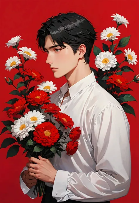 Young man holding flowers on his shoulder on red background, 1 boy, flower, focus on male, solo, holding flower, black hair, holding, shirt, red background, white shirt and red second half, simple background, formal