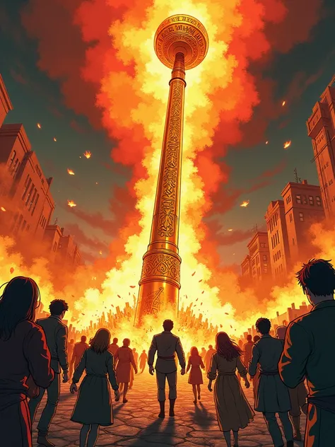 (Bird&#39;s eye view:1.6)，A huge golden cudgel is firmly planted in the ground. The impressive golden cudgel is engraved with intricate red runes, similar to the style of ancient runes，The surrounding scene was a scene of chaos and flames，The building was ...