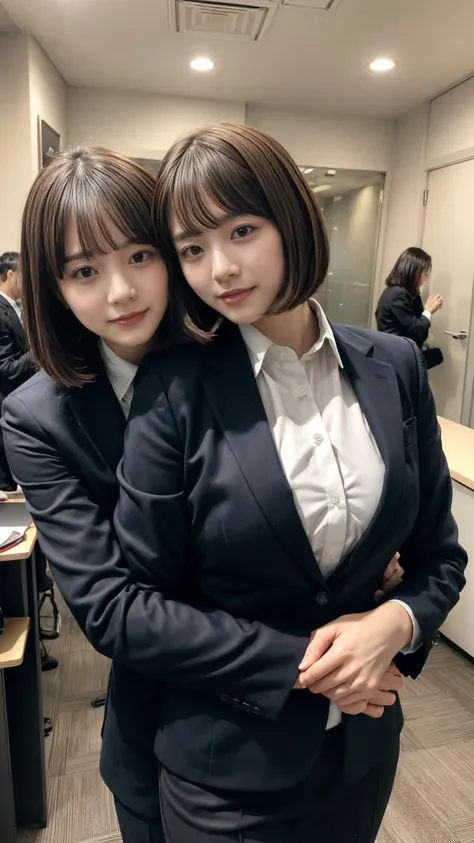 1 young office lady being hugged from back by 1 man:1.2,close to each other:1.1), (mans hand touching her breast:1.1),very cute face,bob cut,Suit,Collared shirt, Black Suit,Black jacket,,embarrassed,hotel room,perfect anatomy, masterpiece, best quality,8k,...