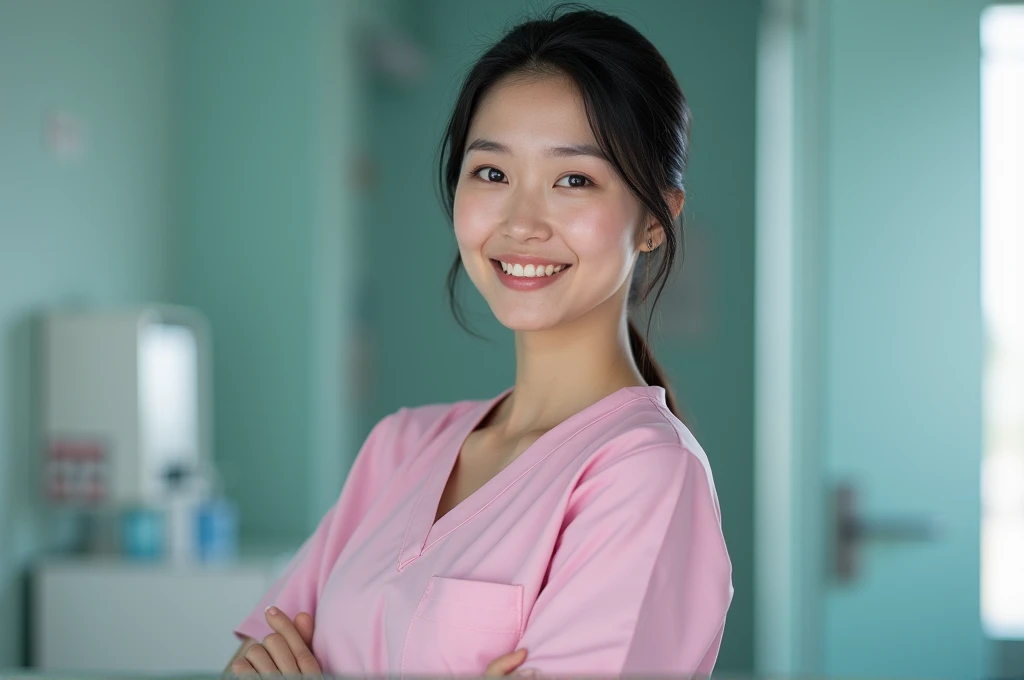 photograph, cowboy shot, woman taking photo, smiling beautiful Japanese female nurse wearing pink nurse dress, hourglass figure, beautiful detailed face, black hair, pale skin, fair skin, realistic skin, detailed cloth texture, detailed hair texture, Perfe...