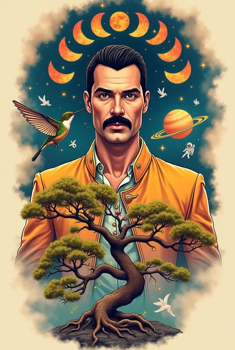 Create me a tattoo with these components Freddie Mercury Hummingbird Moon phases Bonsai book Astronaut Saturn 