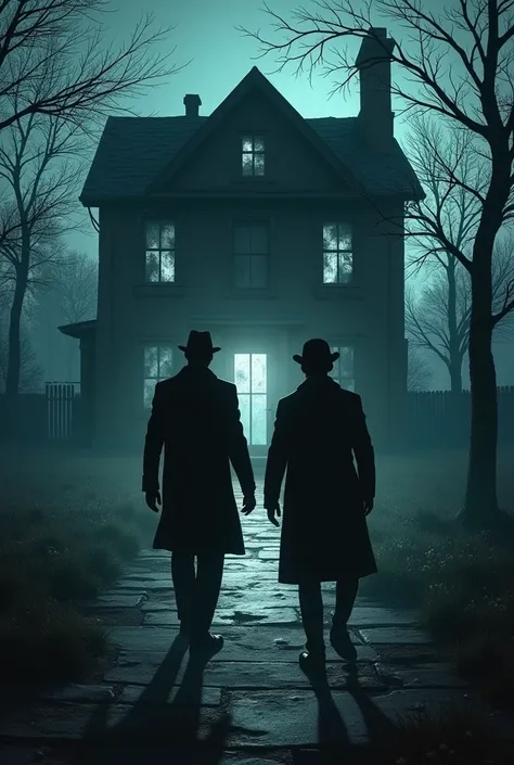 Two detectives entering a scary old house 
