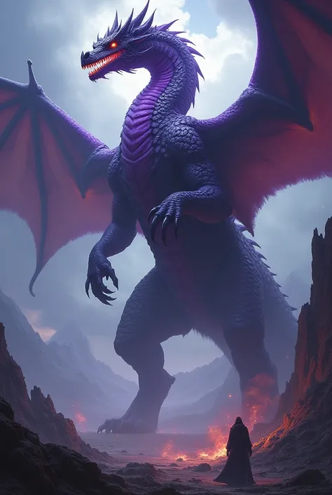 Create me a towering dragon with purple skin, that people feel their bloodlust