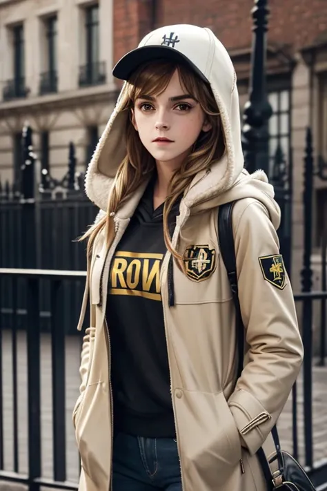 RoseRE, (Emma Watson face) solo, hat, 1girl, long hair, realistic, hood, coat, baseball cap, blonde hair, hood down
