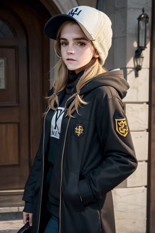 RoseRE, (Emma Watson face) solo, hat, 1girl, long hair, realistic, hood, coat, baseball cap, blonde hair, hood down
