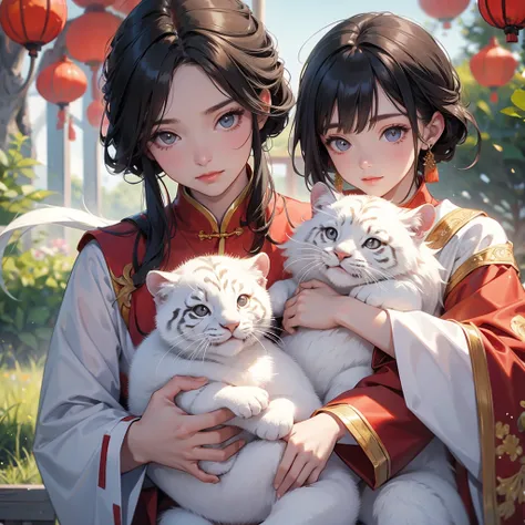 a handsome young man with good face and gentle face, wearing a white ancient Chinese costume, riding at on a back of white tiger, hugging his adorable Chibi baby girl 1 year old, who is 1 year old, with black hair in a red Chinese new year costume, int he ...