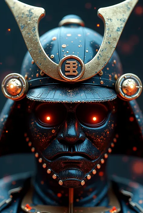 A Japanese samurai mask features components simulating electronic applications，Use on masksＩＣComputer chip components andＣＰＵDecorate and incorporate into the mask，The Japanese family crest is printed on it，Overall presentation of Japanese samurai mask５０Deg...