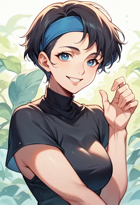 mature Woman,, blue eyes, Black short hair pixie style, short black dress,Smiling ,headband white, 90s anime style