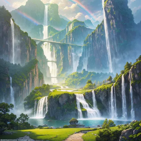 ((of the highest quality)),(ultra high resolution),(Super detailed),(Detailed description),((best cg)),(best work of art),super precision art,amazing drawing art,(Fantasy art with precise details.:1.5), A huge waterfall falling from the sky.,A transparent ...