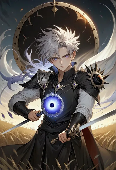 tall young man, with white and spiky hair, with silver iris of the eyes, in a field with a reddish full moon, wearing a black me...