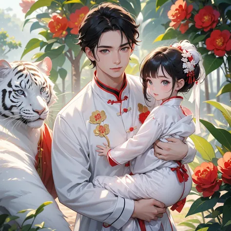 a handsome young man with good face and gentle face, wearing a white ancient Chinese costume, riding a white tiger, he hugging his adorable Chibi baby girl 1 year old, who is 1 year old, with black hair in a red Chinese new year costume, int he morning, th...