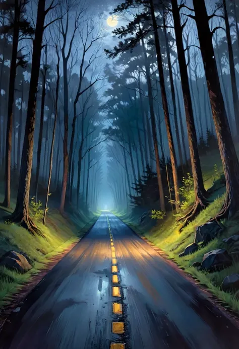 Realistic, Genuine,darkness ,night, Creepy,forest,road,landscape,painting,