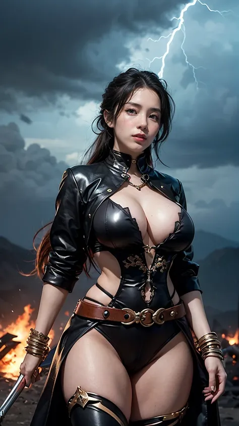 Trundle, as a female, leading a horde of savage trolls through a stormy battlefield, her attire glowing with stormy gray and black, in the new Thunder Warlord skin with lightning striking the ground and the roars of her followers echoing in the air (having...