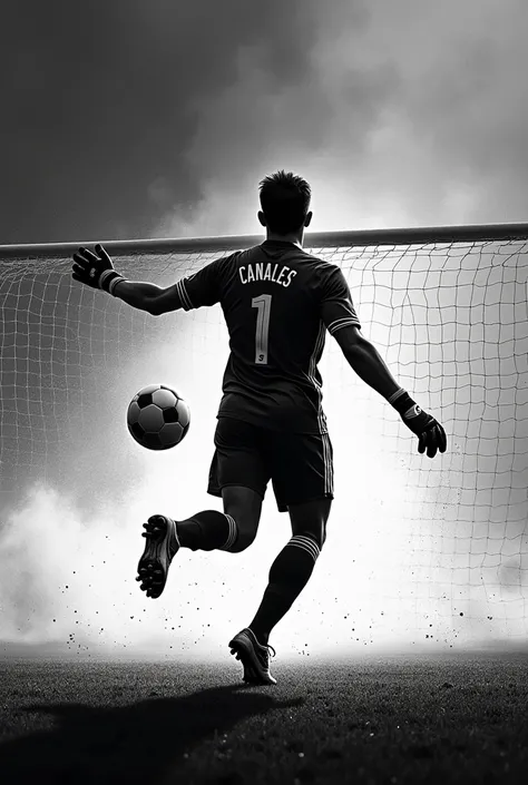 Image with a black and white background and a goalkeeper with his back turned saving a ball with a shirt with Canales&#39; name number 1 