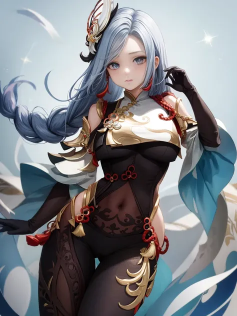 masterpiece, best quality, 1girl, shenhe (genshin impact), grey hair, long hair, hair ornament, blue eyes, low braided, puffy sleeves, gold trim, gloves, bodysuit, large breasts, breast curtain, shoulder cutout, covered navel, hip vent, clothing cutout, ta...