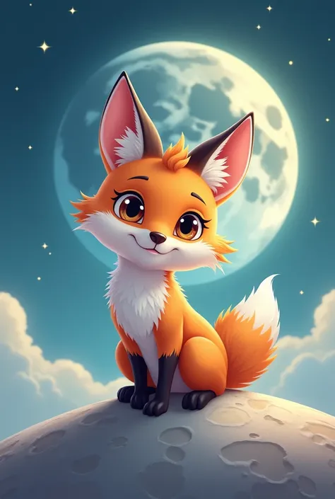 Animal looking like a fox and a rabbit at the same time on the moon in a cartoon 