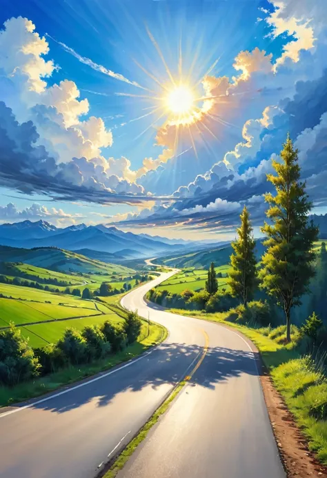 Realistic, Genuine,Light,blue sky,cloud,sun,road,Wonderful landscape,painting,