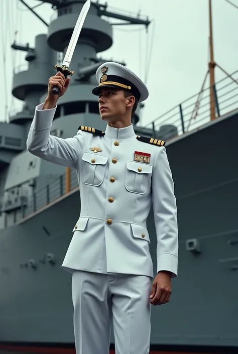 A young German Italian Navy captain in white naval uniform raising his sabre on board an Italian Navy battleship