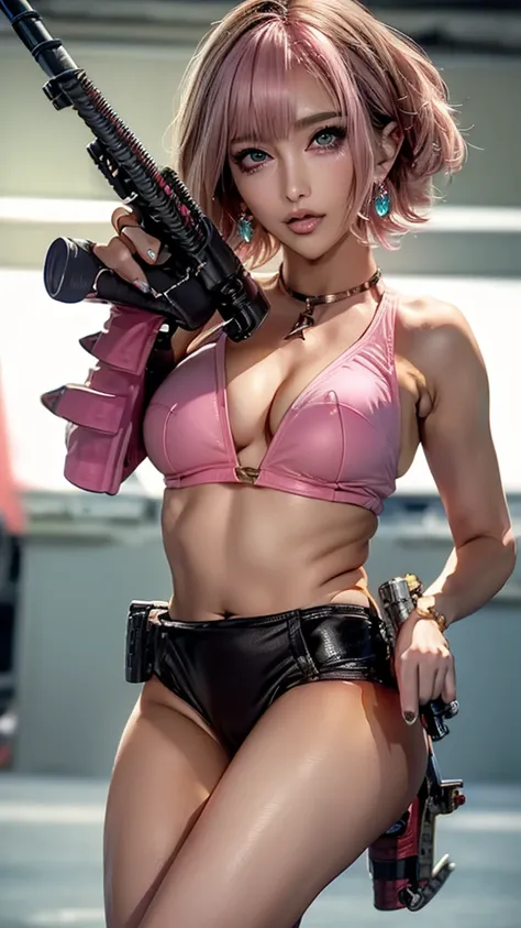 (Highest quality), Realistic, (live-action),(Short Hair,Sharp bangs)Showing off your crotch,Highest quality,Highest quality,8k images,Pink Hair,High heels,Small face,((Big Breasts))Leg spread(((Point the tip of your gun towards the camera:1.6))),Highest qu...