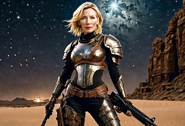 A cute woman (cate blanchett, sagging breasts), sexy wasteland armor, wielding an enormous rocket rifle (huge), desert at night battle pose
