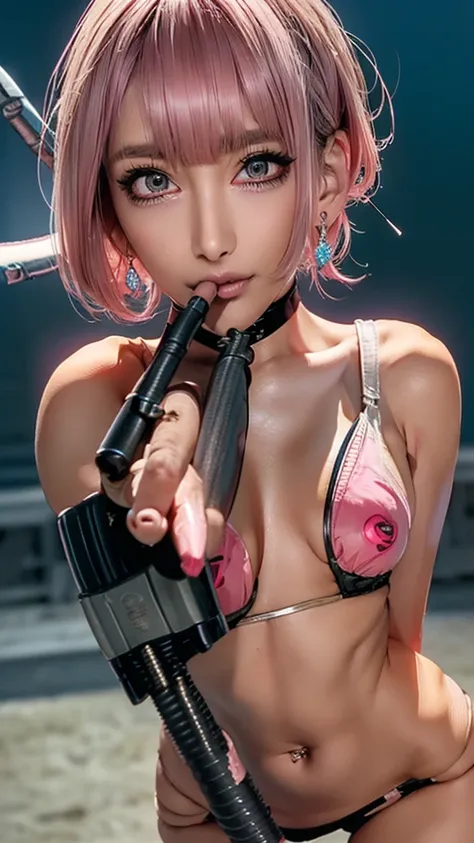 (Highest quality), Realistic, (live-action),(Short Hair,Sharp bangs)Highest quality,Highest quality,8k images,Pink Hair,High heels,Small face,((Big Breasts))Leg spread、1 gun,(((Point the tip of your gun towards the camera:1.6))),Highest quality32K