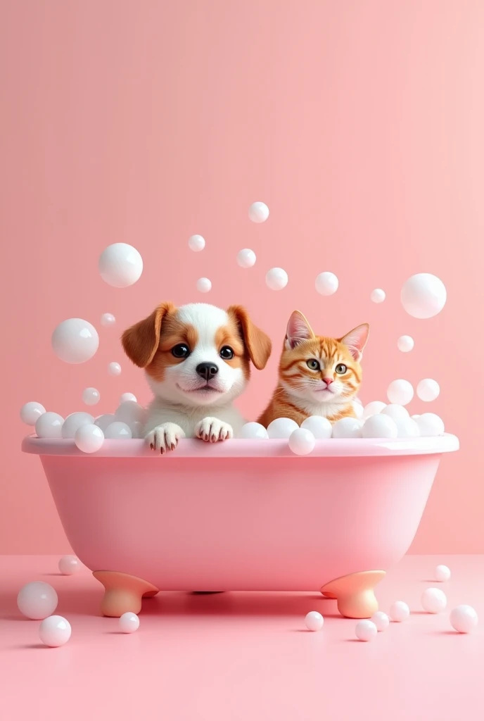 dog and cat in a minimalist bathtub, full of bubbles, PINK COLOR

