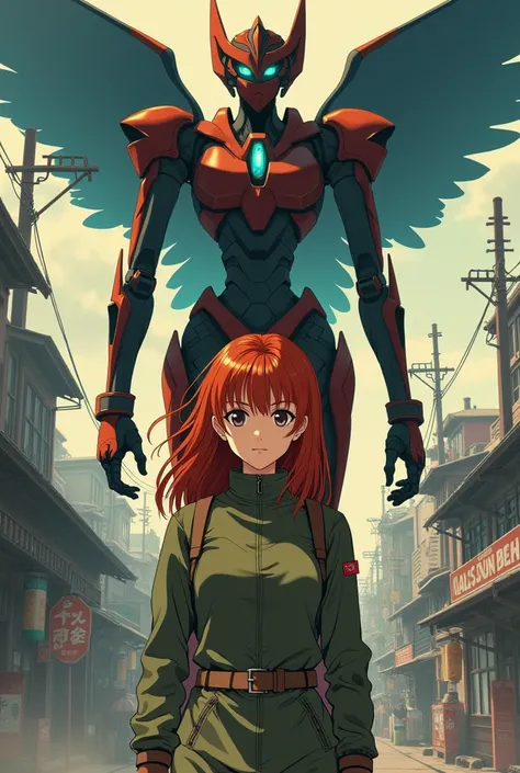 Eva，Asuka，Showa Year Japanese Manga Style，Movie quality，Vintage nostalgia，Eva 初号机背景，Asuka站立