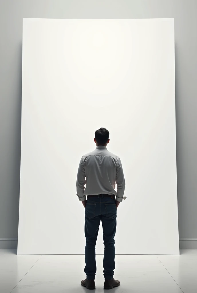 man with his back turned looking at a large blank sheet of paper. This sheet should allow me to paste an image. That&#39;s why the person should not cover the sheet.
