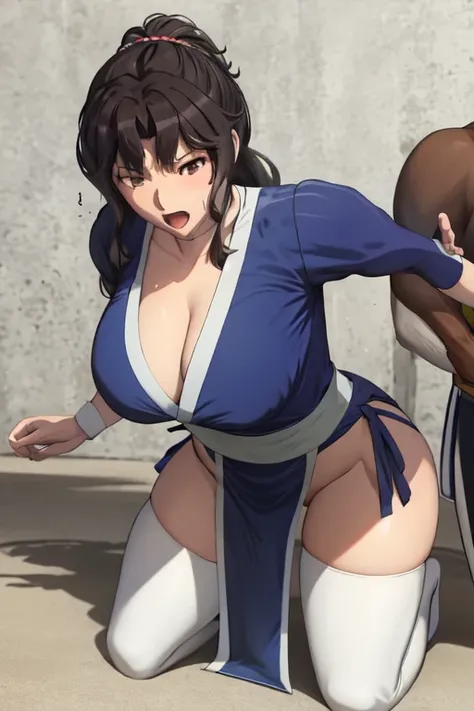 masterpiece, best quality, beautiful art, high resolution, well formed hands, body and fingers, 1 woman, solo,Kaoru  Tanamachi, 31 years old, hair ornament,  adult, grown up, big breasted, cleavage,  full body, braided long hair, blue_japanese_clothes, wea...