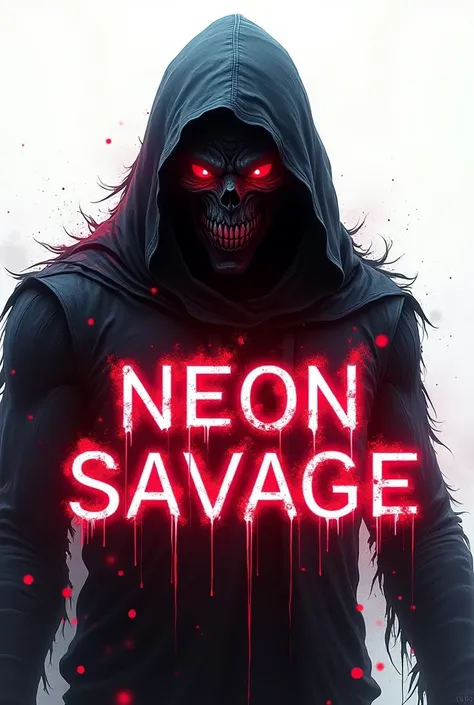 word "neon savage" with gothic and satanic typography in red on a white background 